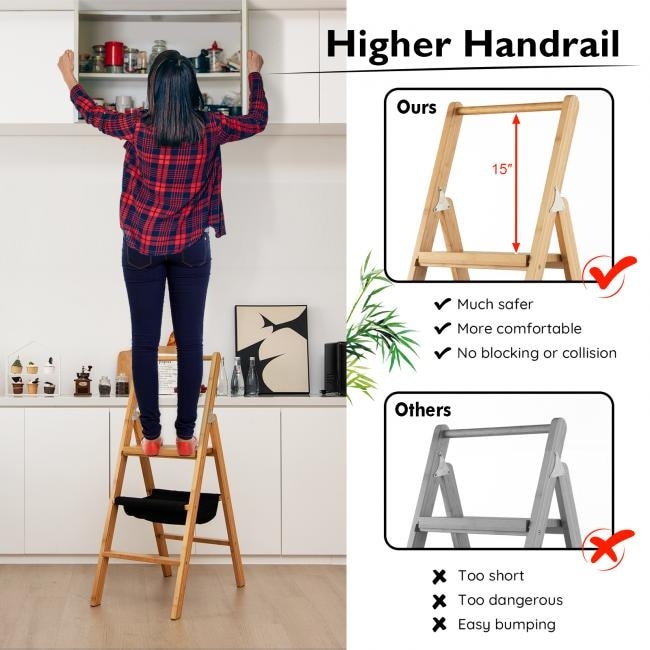 COSTWAY 3-Step Bamboo Ladder With Storage Bag - Foldable Step Stool, 330 Lbs Capacity - View #10