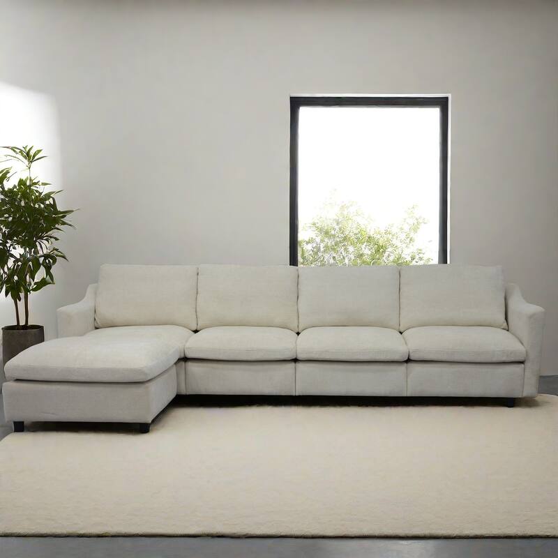 4-Seater Modern Beige Fabric Modular Sofa with Ottoman, Armrest Pockets and 4 Pillows