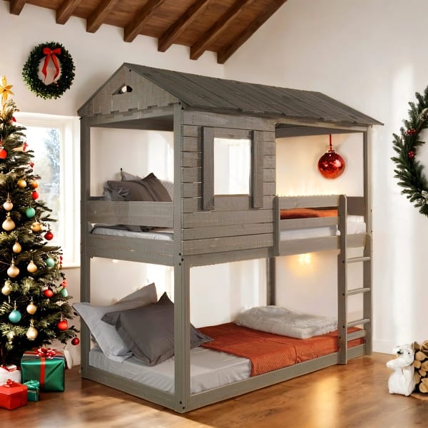 slide 2 of 14, Wooden Twin Over Twin Bunk Bed with Built-in Ladder Rustic Grey