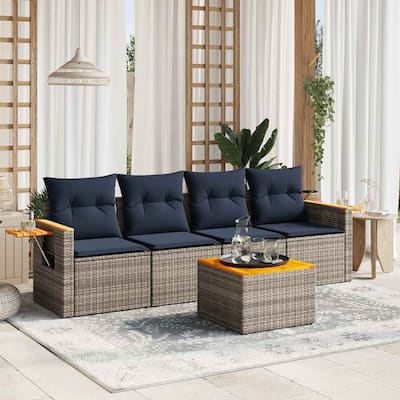 vidaXL 5 Piece Patio Sofa Set with Cushions Grey Poly Rattan (US only) - 92.1x27.2x24.4