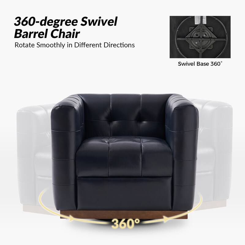 Jeremias Mid-certury Modern Genuine Leather Tufted Swivel Club Chair with Wooden Apron by HULALA HOME