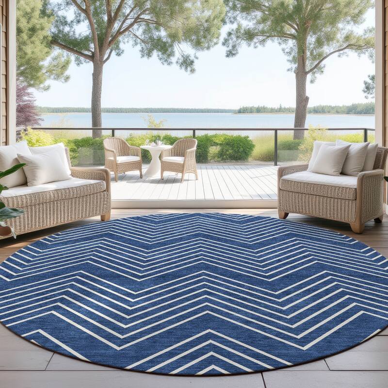 Machine Washable Indoor/ Outdoor Modern Chevron Chantille Rug - Navy - 8' x 8'