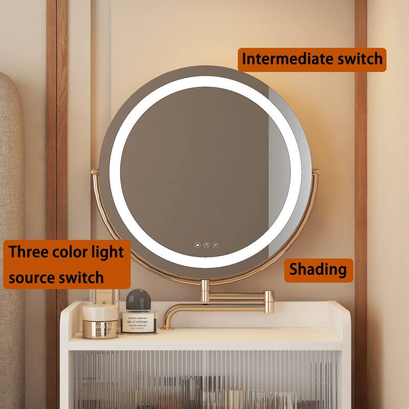 3 In 1 Vanity Desk With Mirror And Light,Small Vanity Set With Charging Station, With 2 Drawers, With Upholstered Stool