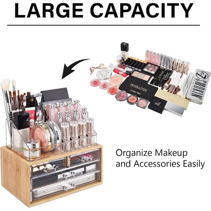Bamboo Makeup Organizer with 4 Acrylic Storage - Small