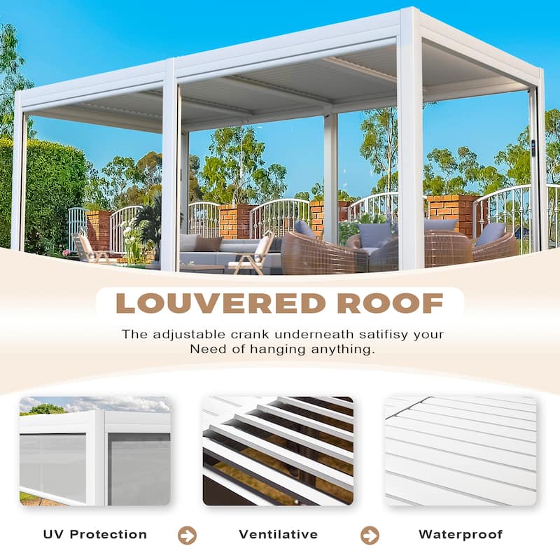 EROMMY Outdoor Louvered Pergola Gazebo with Adjustable Aluminum Rainproof Roof and Pull-Down Screen