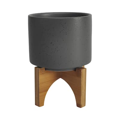 Planter with Textured Ceramic and Wooden Stand, Small, Gray