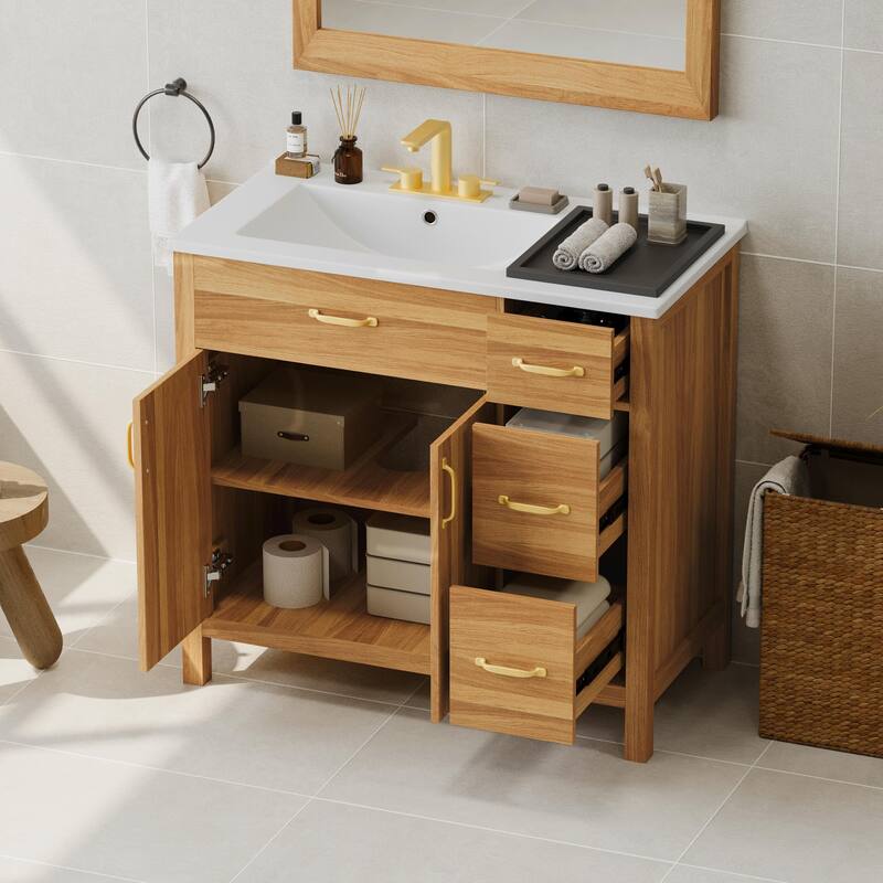 36" Wood Bathroom Vanity,2 Soft Close Doors,3 Soft Close Drawers, Adjustable Shelf, Modern Storage Cabinet