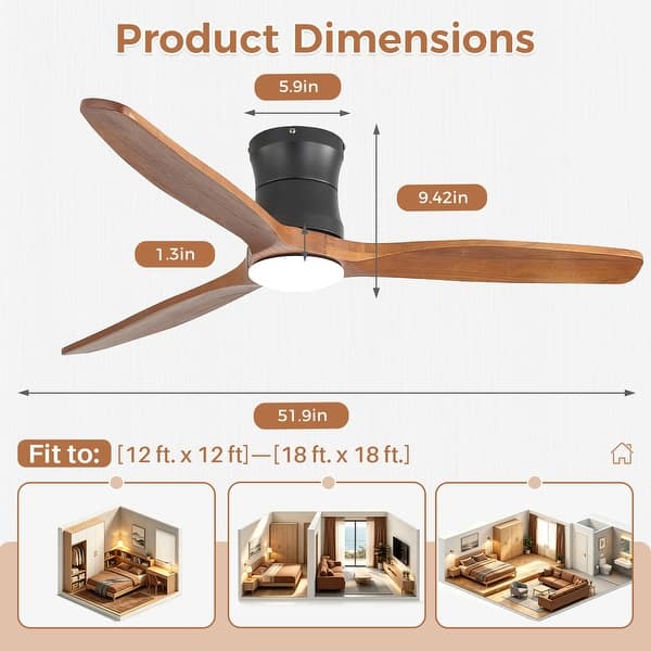 dimension image slide 0 of 4, Sofucor 52Inch Low Profile Flush Mount Ceiling Fan with LED Light,3‑Blade Quiet Light Combo for Bedroom Kitchen Living Room