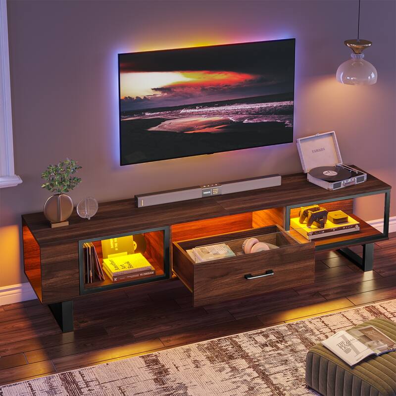 70" Led TV Stand for 75/80 inch TV, Glossy Media Console with Half-Glass Drawer