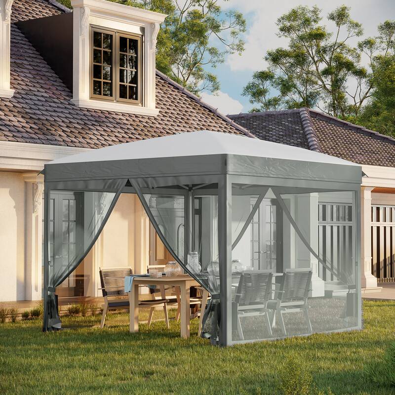 Outsunny 10' x 10' Pop Up Canopy Tent with Netting, Foldable Gazebo Tents for Parties, Height Adjustable - Grey