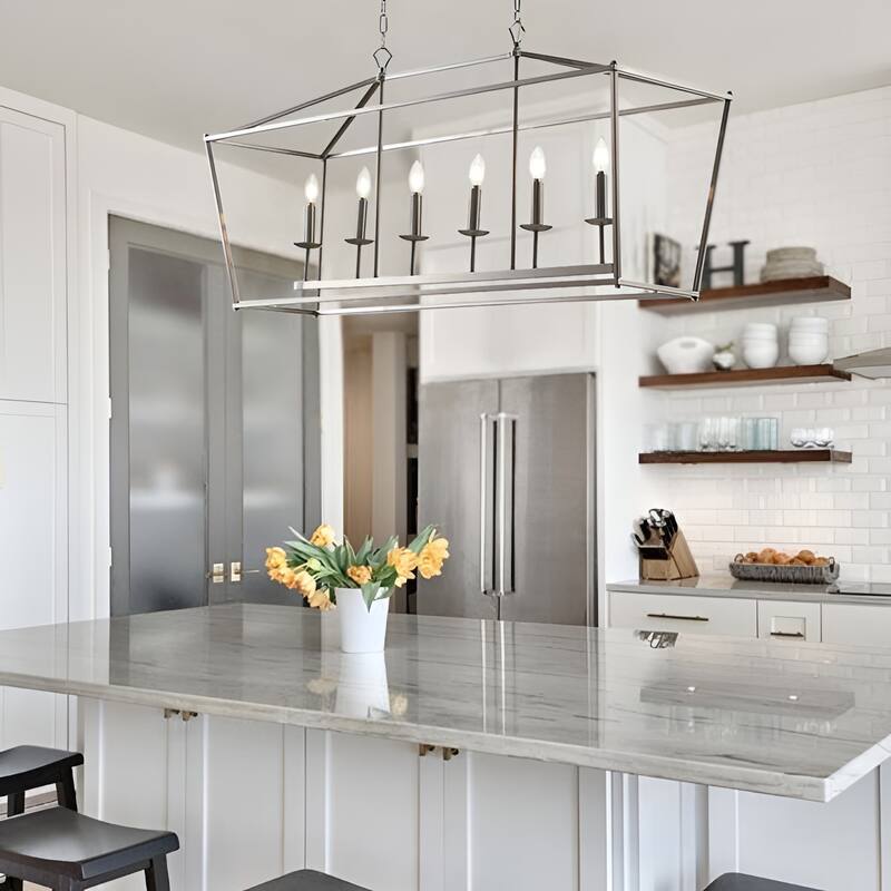 6 Light Kitchen Island Pendant Light Large Linear Lantern Chandelier - Polished Nickel