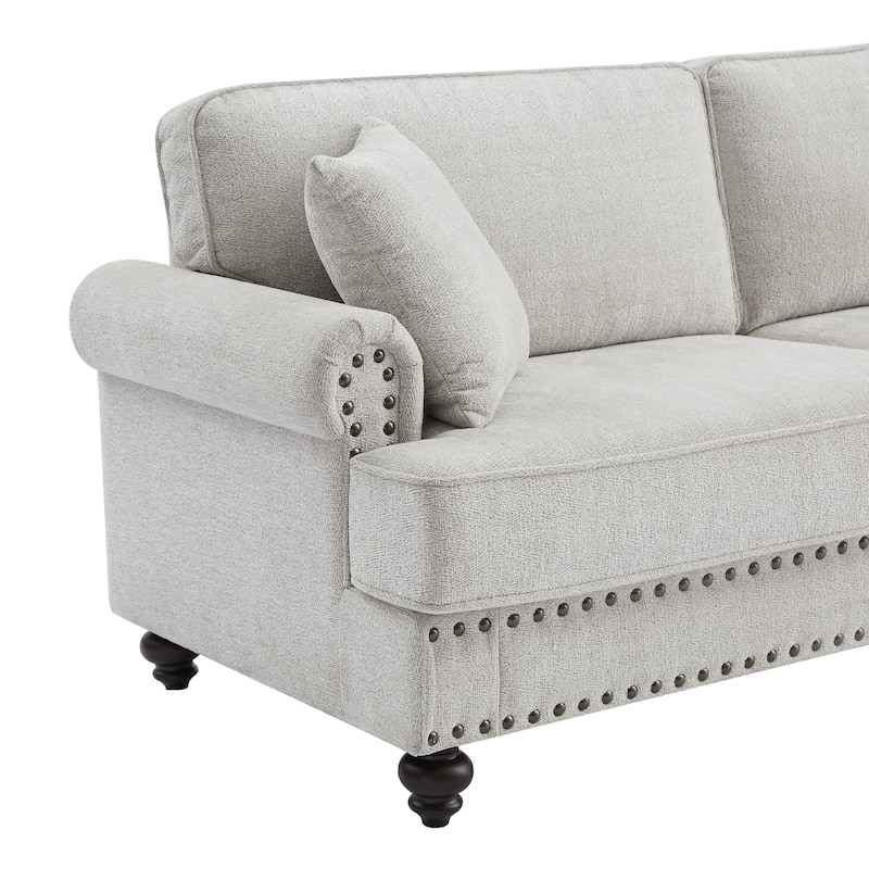 Modern Chenille Upholstered 2-Seater Sofa with Nailhead Trim and Armrests, Easy Assembly, Ideal for Living Room, White.