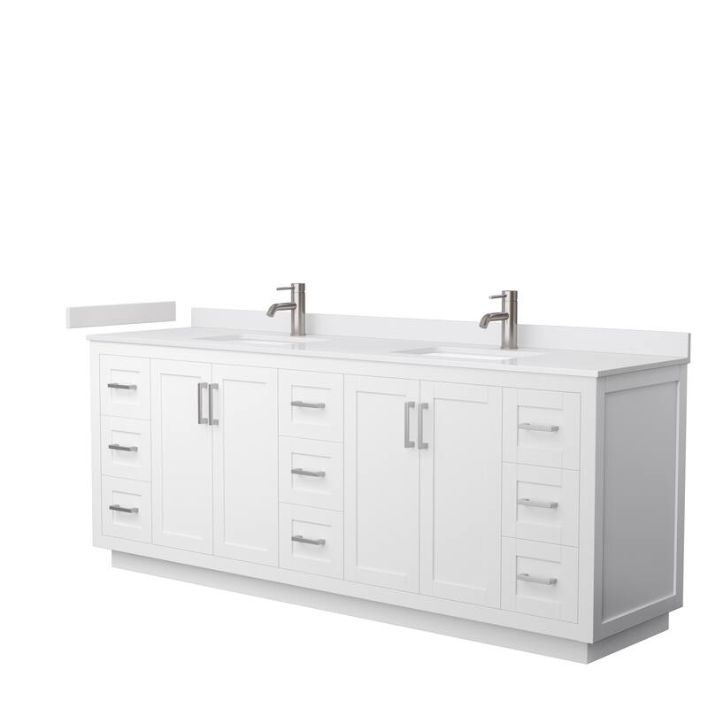 Miranda Double Vanity Set, Cultured Marble Top, No Mirror - 84-Inch Double - White, Nickel Trim, White Cultured Marble Top