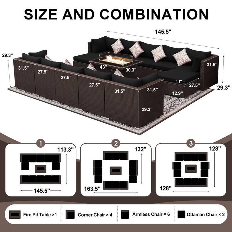 13-Piece Outdoor Wicker Patio Sectional Conversation Set with 43" CSA Fire Pit Table