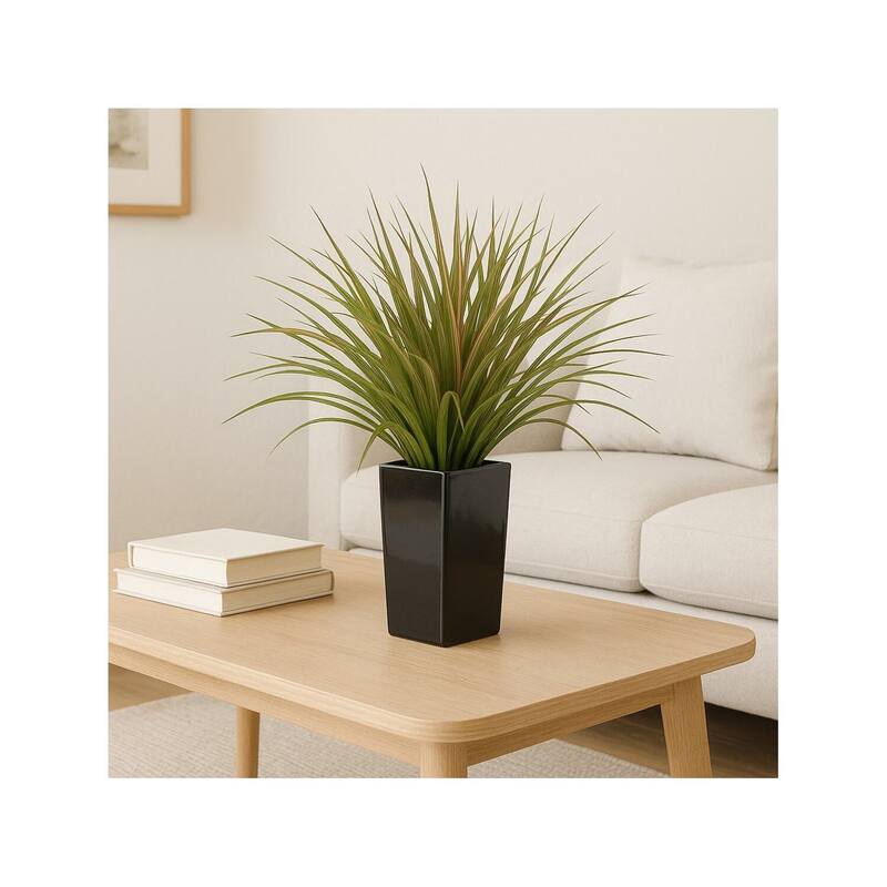 HomeStock Brown/Green Grass in Square Black Ceramic Planter - Two-Tone Faux Grass for Stylish Interiors - 15