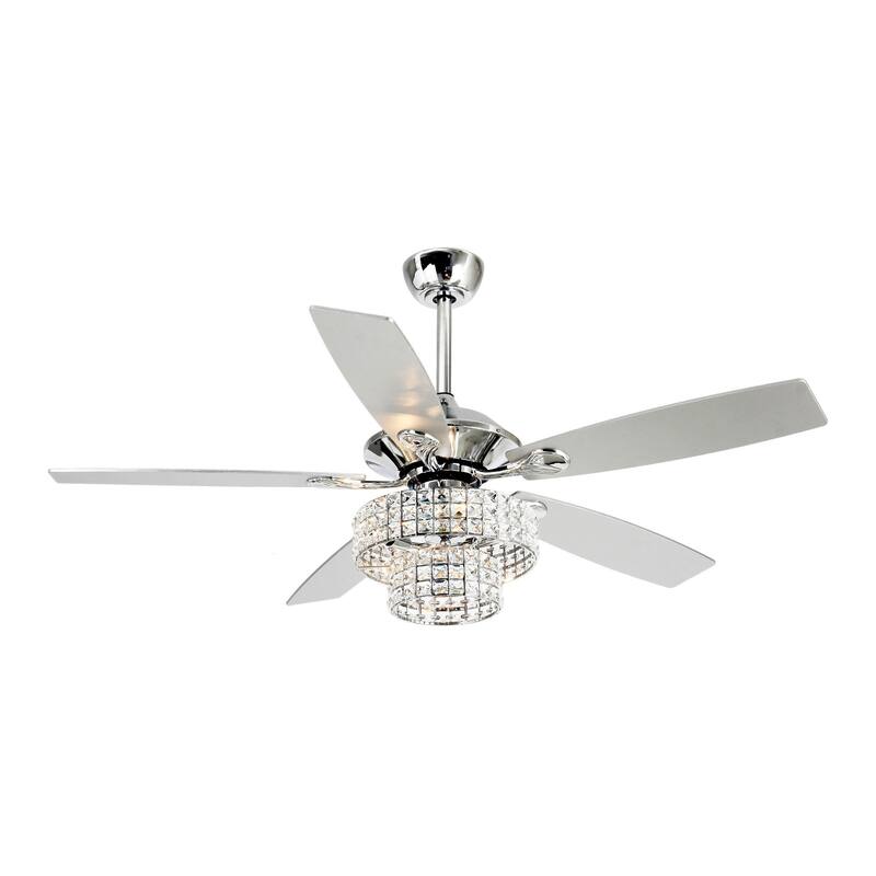 52-inch Modern Chrome 5-Blades 2-Tire Crystal Shade Ceiling Fan with Remote and Light Kit - 52-in W