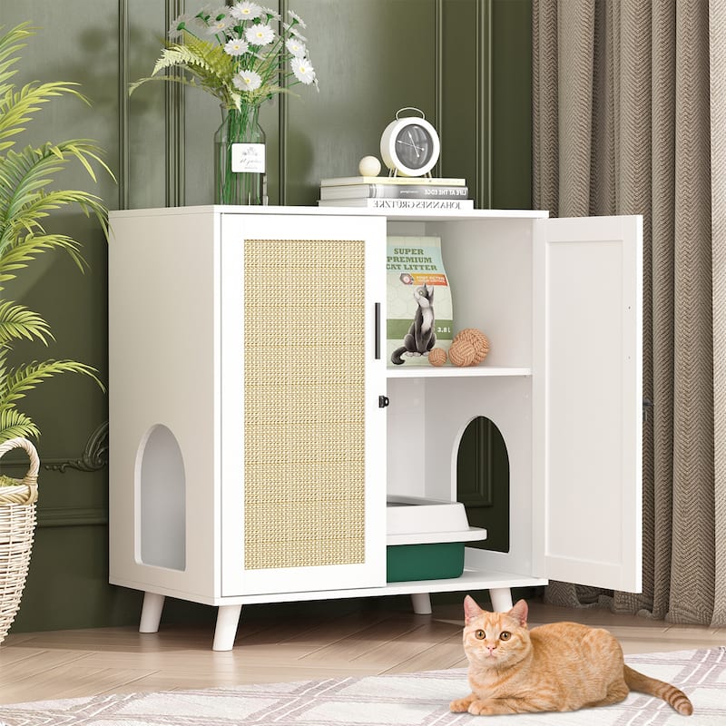 Cat Litter Box Enclosure Cat House Side Table Door Cabinet Bookcase - 31.5"Wx35.4"H - White