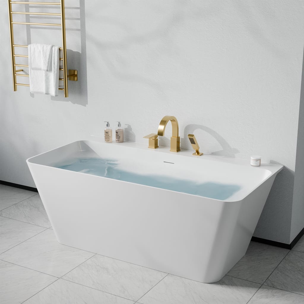 Vault Series 67 in. x 32 in. Flat Bottom Acrylic Freestanding Soaking Bathtub with Center Drain, Brushed Gold Faucet