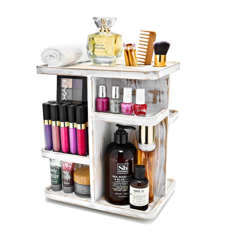 Sorbus Rustic Wood Makeup Organizer Storage Carousel for Cosmetics Make Up Skin Care Organizer Grey - 10" L x 7.12" W x 11.75" H - Grey