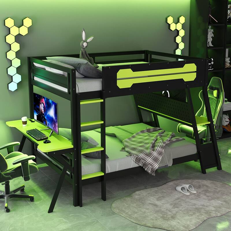 Full Size Bunk Bed with Two Built-In Gaming Desks, USB Desktop Ports & Pegboard Organizer, Gaming Bunk Frame - Green