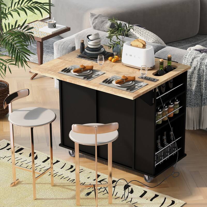 Multifunctional Kitchen Cart with Power Outlet, Open Storage and Wine Rack - 40" x 34" in.