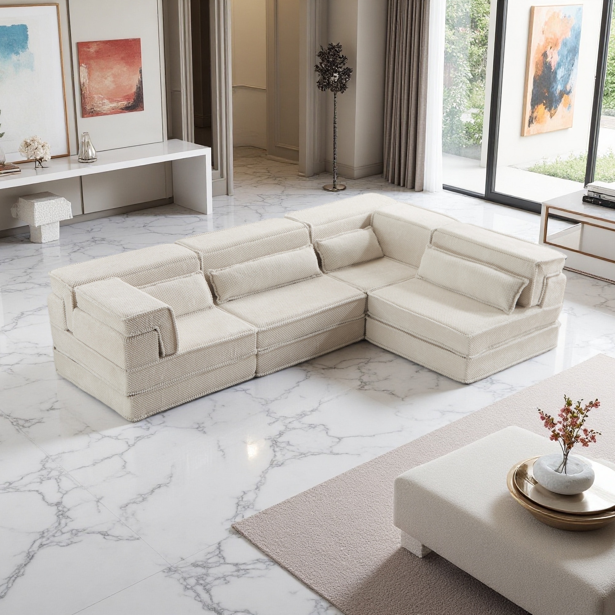 118.1" Fleece Fabric Boneless Modular Sectional Sofa with Pillows