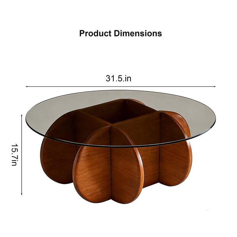 31.5" Mid-Century Modern Round Coffee Table with Tempered Glass Top & Walnut Wood - Walnut