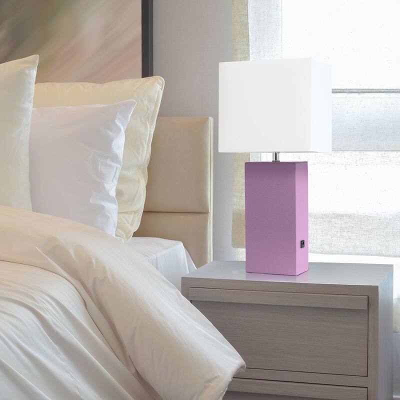 Modern Leather Table Lamp with USB and White Fabric Shade