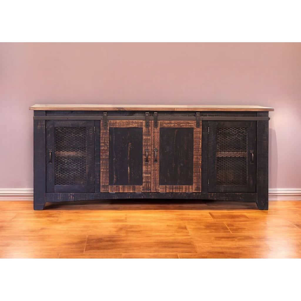 HomeRoots 70" Black Solid Wood Cabinet Enclosed Storage Distressed TV Stand - 70' X '34.75' X '19