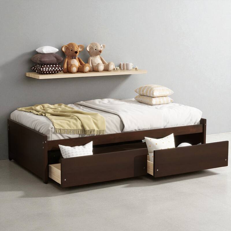 Twin Bed with Storage Drawers, Solid Rubberwood Platform, 10 Slats, No Box Spring Needed, Kids & Guest Room, 76.6"x41.6"