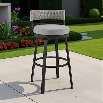 HomeRoots 38" Light Gray Metal Swivel Low back Outdoor Bar Height chair with Footrest