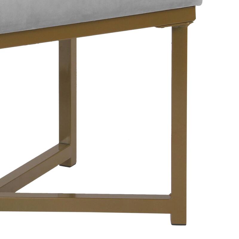 Metal Framed Ottoman with Button Tufted Velvet Upholstered Seat, Light Gray and Gold
