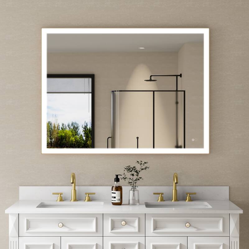 Wall Mounted Bathroom Framed LED Mirror With Dimmable Light Touch Sensor And Memory Function, Anti- Fog