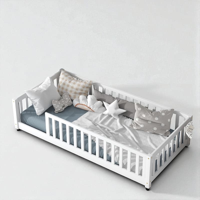 Twin Floor Bed with High Safety Fence, Rubber Wood Construction, Easy Assembly - White - Twin