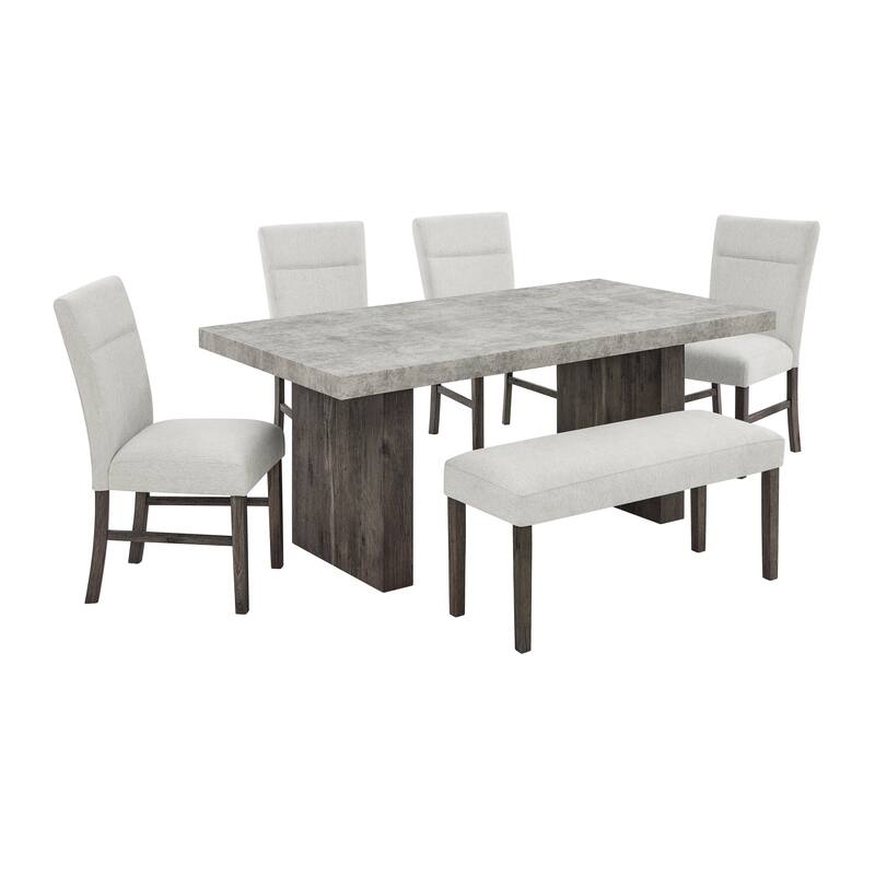 Roundhill Furniture Sorlen Modern 6-Piece Dining Set, 3D Faux Concrete Table with 4 Chairs and Bench