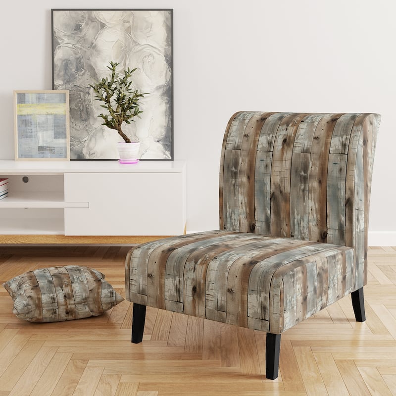 Designart "Rustic Farmhouse Wooden Planks I" Upholstered Abstract Accent Chair - Vintage Side Chair in Multiple Color - Slipper Chair - Brown