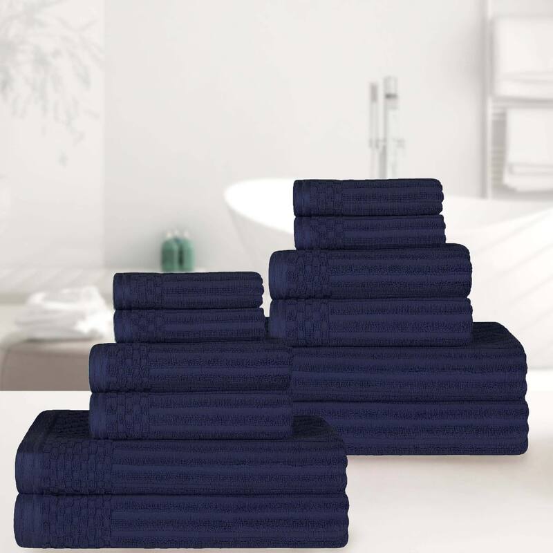 Superior Cotton 12-Piece Solid and Checkered Border Towel Set - Navy Blue