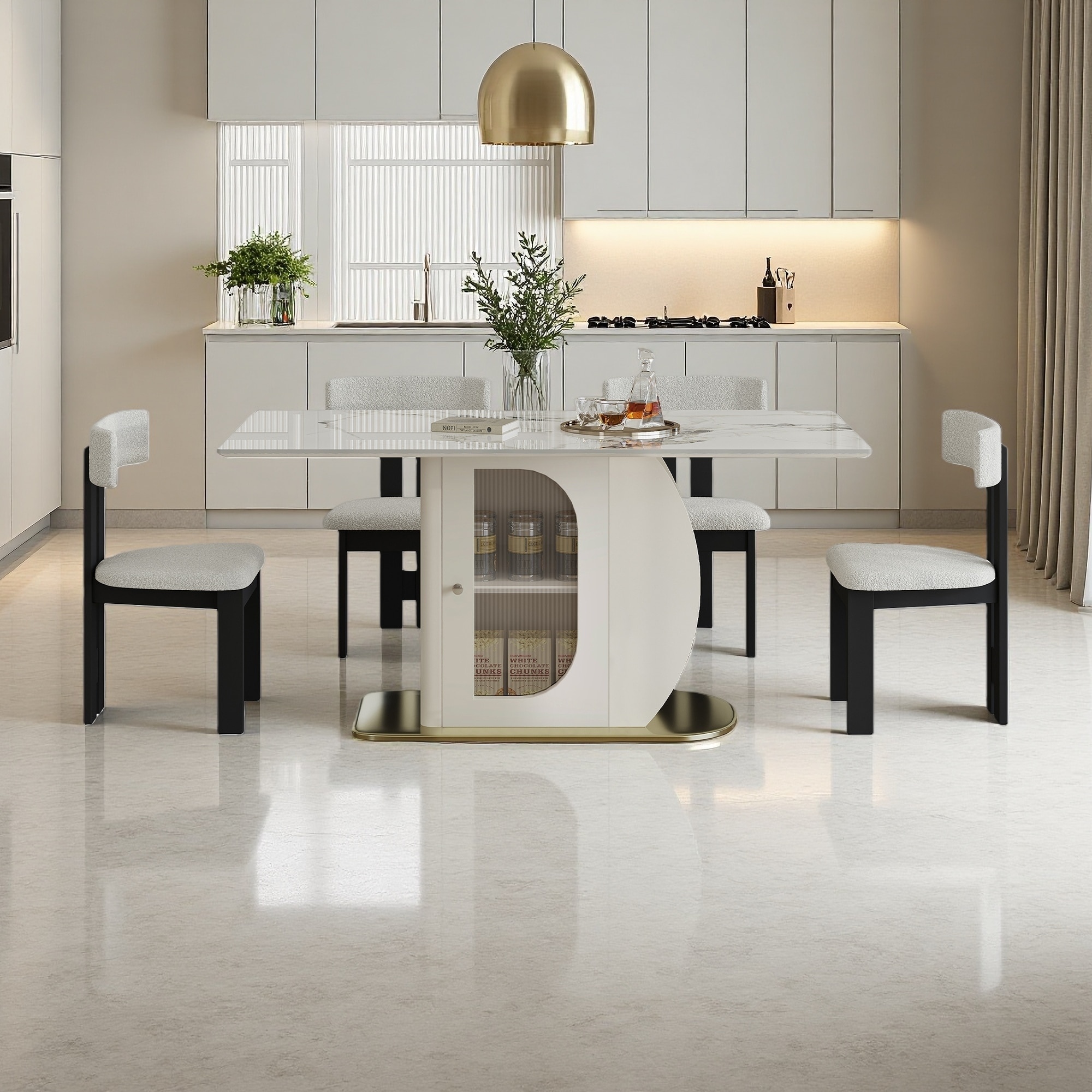 5-Piece Dining Set with 6 Velvet Chairs, Built-in Side Storage Racks and Transparent Glass Cabinets