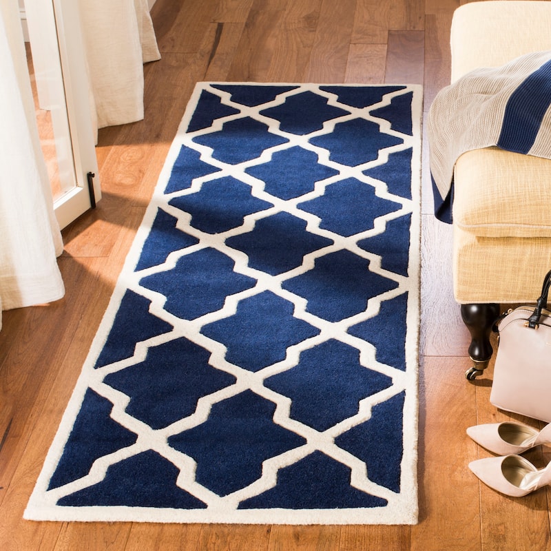 SAFAVIEH Handmade Chatham Rinske Modern Moroccan Wool Rug - 2'3" x 11' Runner - Dark Blue/Ivory