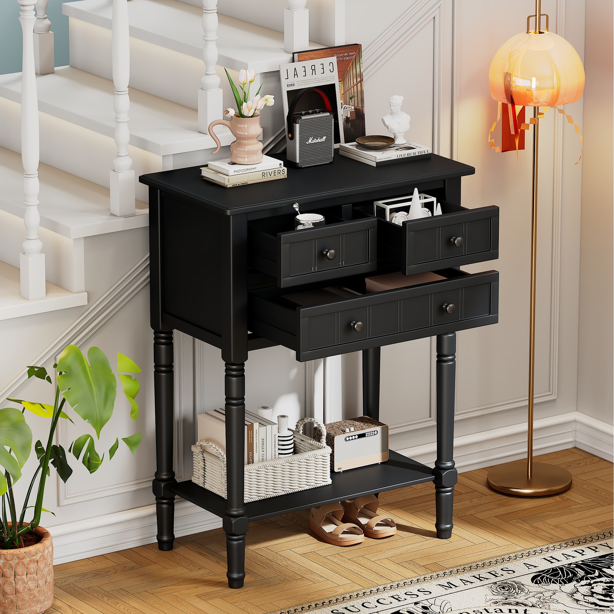 Black 3 Drawer Console Table Narrow Wood Accent Sofa Table Entryway Table with Storage Shelf for Hallway Living Room Bed Bath Beyond 41376990