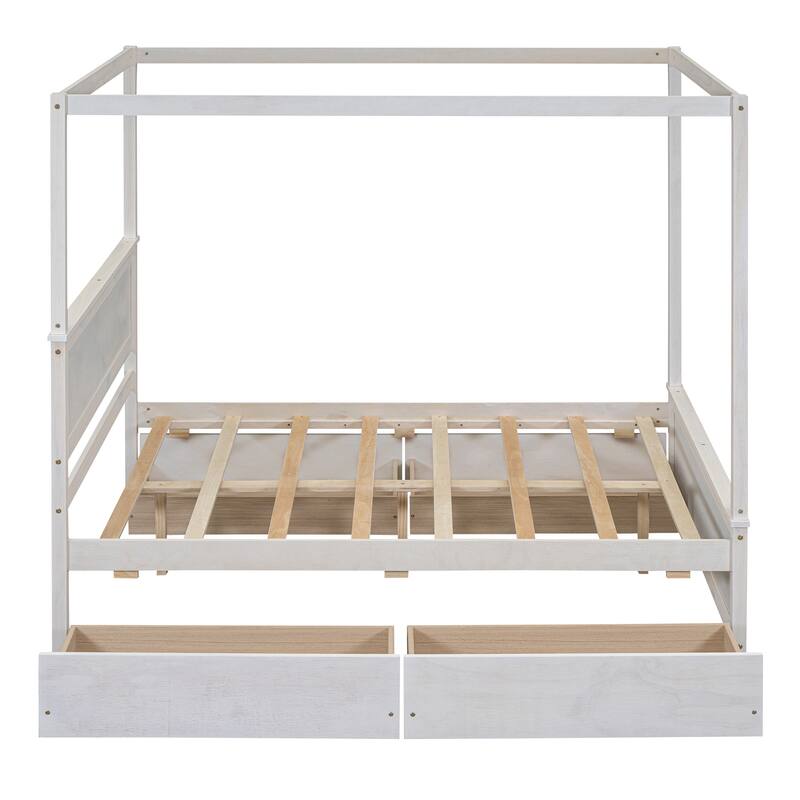 Full Size Wood Canopy Bed with 4 Drawers Platform Bed & Headboard Four Poster Bed No Box Spring Needed, Easy Assembly