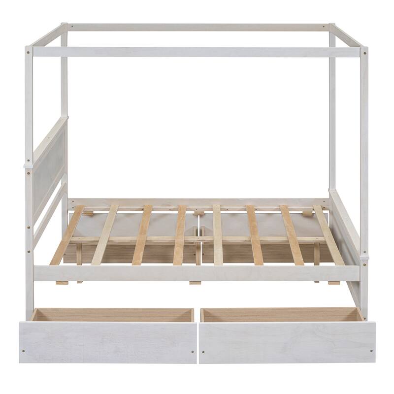 Full Size Wood White Canopy Bed with 4 Drawers Platform Bed & Headboard ...