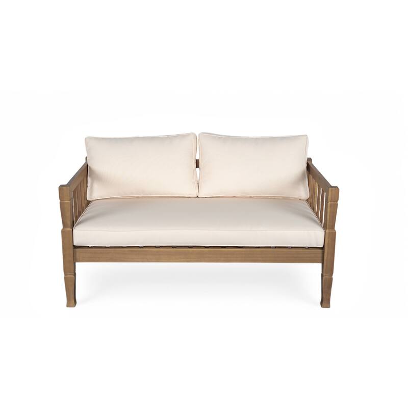 Roomfitters 4-Piece Acacia Wood Patio Furniture Set, Seating Conversation Set with 4-Inch Thick Cushions and Coffee Table