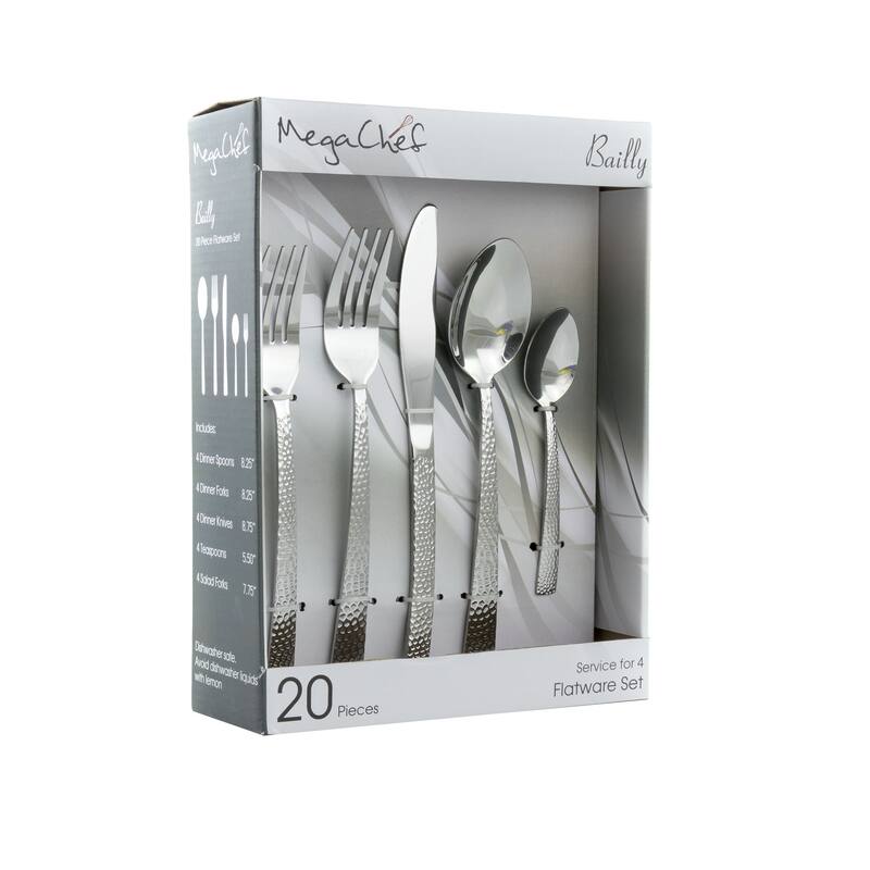 Daisy 20 Piece Hammered Design Stainless Steel Silverware Set in Silver