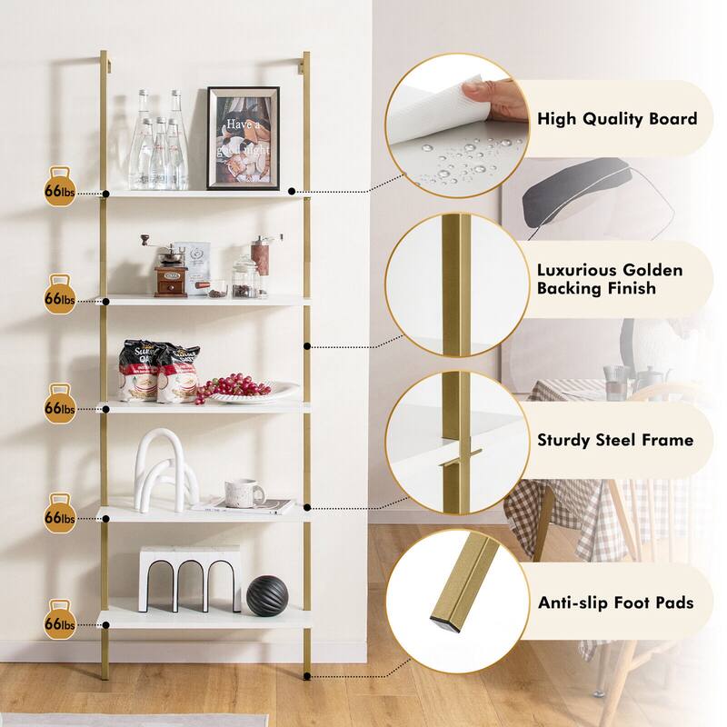 Gymax 5 Tier Ladder Shelf 71'' Open Wall-Mounted Bookcase with Golden