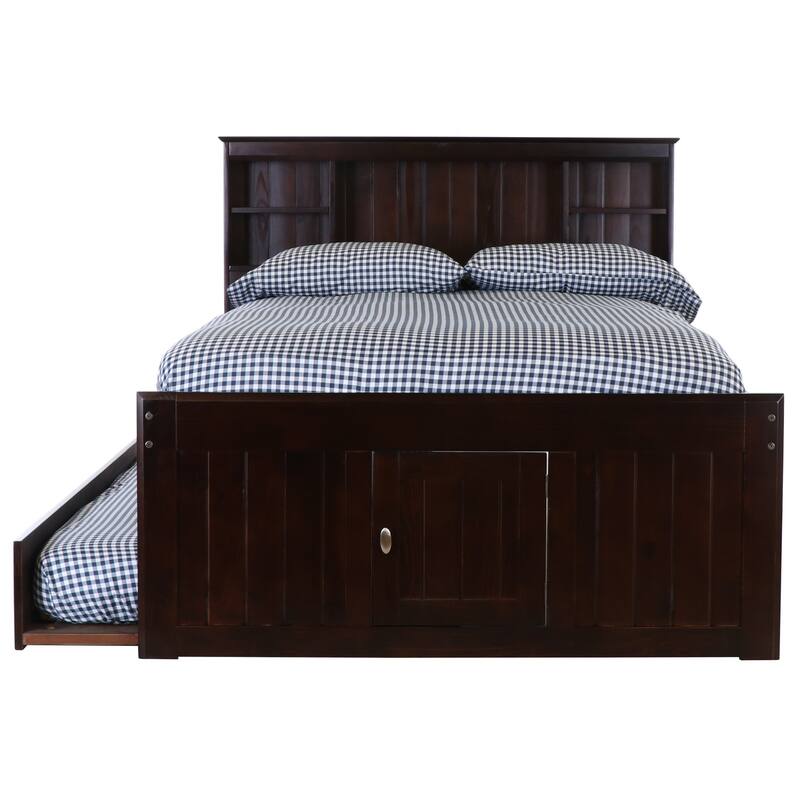 Full Size Bookcase Bed with Trundle - 3 Drawers, Dark Espresso Finish - Space Saving Bed Frame