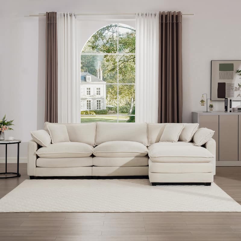 Beige 115" Corduroy Modular L-Shaped Sectional Sofa with Ottoman