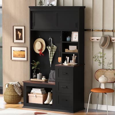 40.2" Modern Entryway Bench with Coat Rack, 3 Sturdy Hooks Hall Tree with Storage Bench