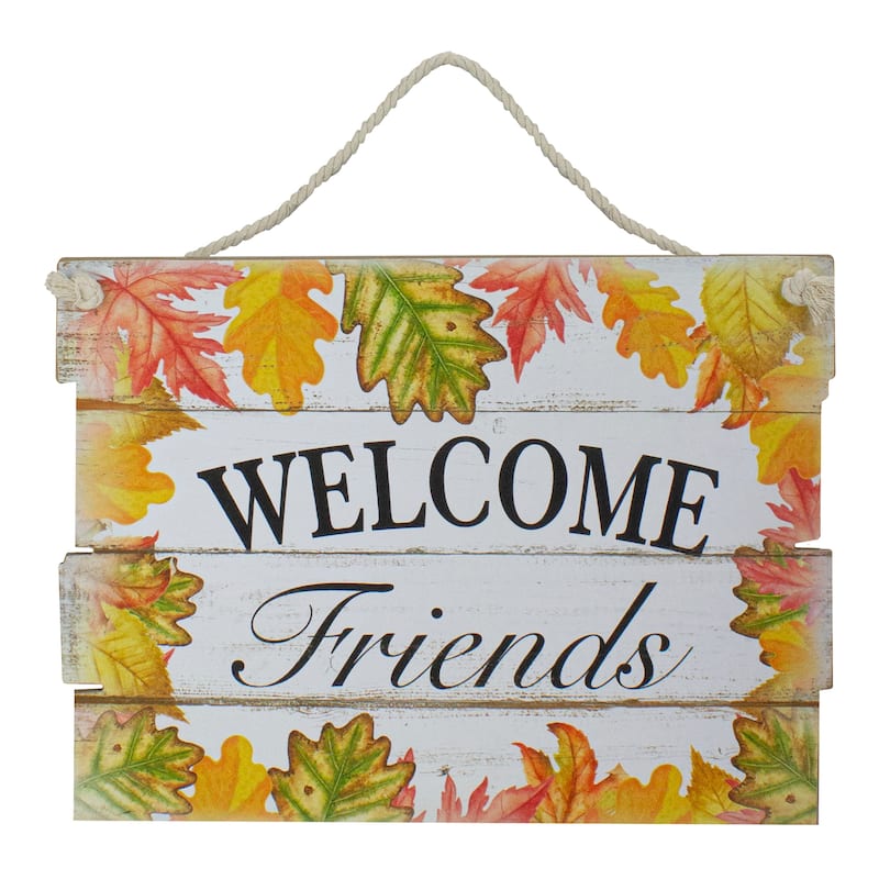 16” Autumn Leaves Welcome Friends Wooden Hanging Wall Sign