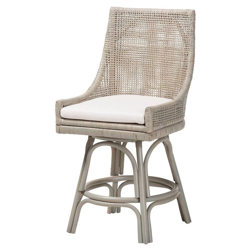 Bella Swivel Rattan Counter Stool with Cushion - Handwoven Wicker Kitchen Island Seating with Backrest and Footrest